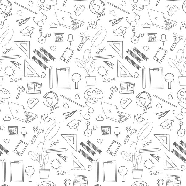 back to school vector seamless doodle pattern back to school line sketch vector seamless doodle pattern gray icons on a white background hand drawn university illustrations stock illustrations