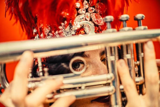 The trumpet player Trumpet, beauty, cute, vintage, art, jazz, trumpet player, close-up, music, fun, portrait, young woman, bizarre, funky, abstract, vintage of burlesque dancers stock pictures, royalty-free photos & images