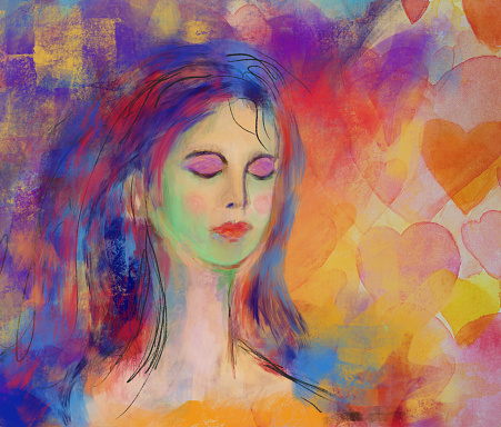Woman with eyes closed painting. Watercolor, acrylic and digital painting. meditation love and relaxation. My own work.