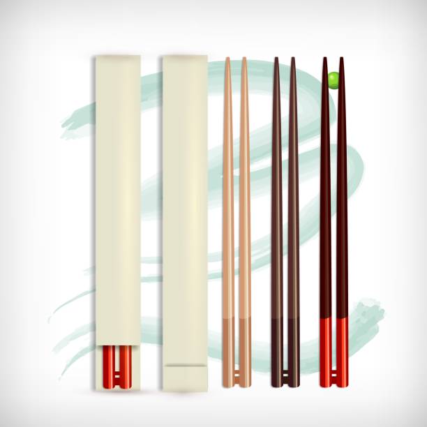 illustrations, cliparts, dessins animés et icônes de baguettes alimentaires en bois réalistes définissent différents types et couleurs. baguette de sushi japonaise et chinoise. - chopsticks nobody red white background