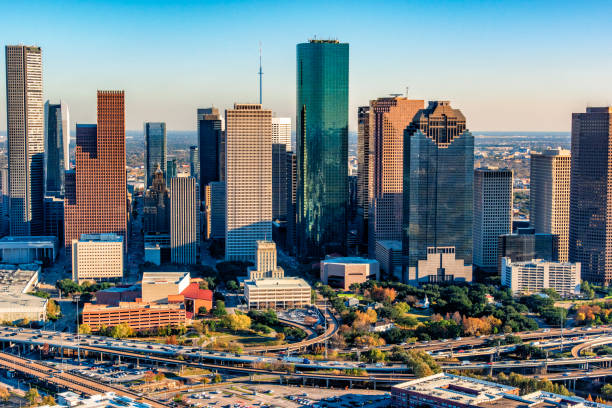 Downtown Houston Aerial View The beautiful and modern skyline of Houston, Texas, America's fourth largest city, from an altitude of about 1000 feet. houston skyline stock pictures, royalty-free photos & images