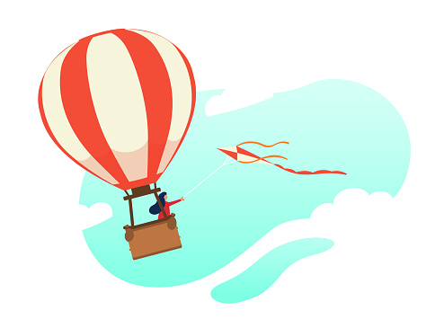 Woman flying in a hot air balloon with flying kite. Modern flat character. Stock vector. Beautiful illustration of flight, dream, travel, pacification, freedom.