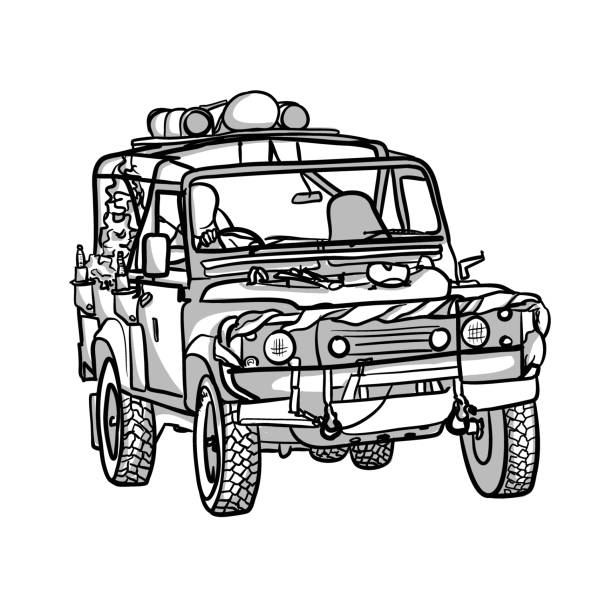 ilustraciones, imágenes clip art, dibujos animados e iconos de stock de safari jeep - equipped