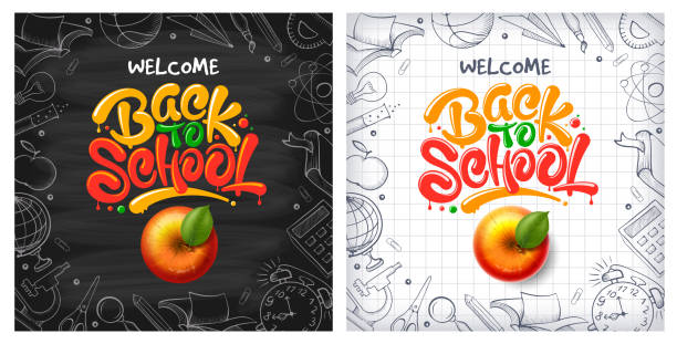 powrót do tła szkoły z czerwonym jabłkiem i napisem - back to school blackboard education apple stock illustrations