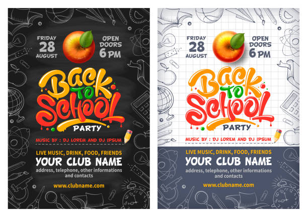 Back To School Party Poster Or Flyer With Red Apple And Lettering Back to School party posters with red apple and lettering Back to school. Handwritten school subjects in doodle style as frame around. Chalkboard and checkered paper on backdrop. Vector illustration. doodle stock illustrations