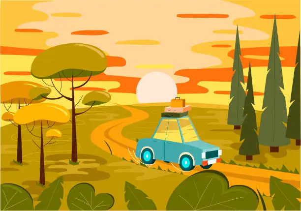 Vector illustration of Vector flat illustrations on the theme of Road trip, Adventure, Trailering, Camping, outdoor recreation, adventures in nature, vacation. Modern flat design. Road trip.