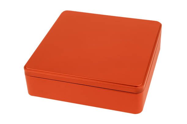 istock Tin gift box orange color on white background 1250997982