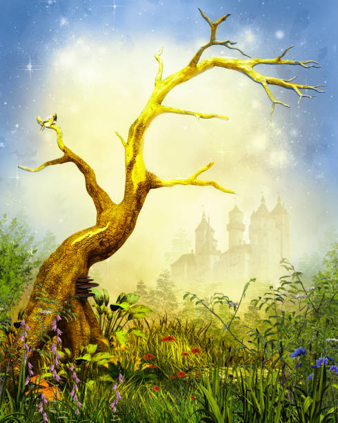 apertura del bosque mágico con el árbol solitario y el castillo - foilage fotografías e imágenes de stock