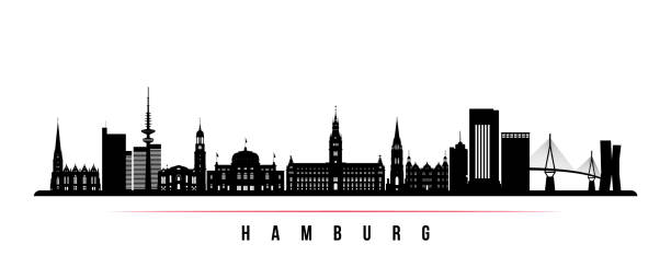 hamburg silueti yatay afiş. hamburg, almanya'nın siyah beyaz silueti. tasarımınız için vektör şablonu. - hamburg stock illustrations