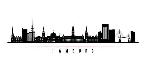 Vector illustration of Hamburg skyline horizontal banner. Black and white silhouette of Hamburg, Germany. Vector template for your design.