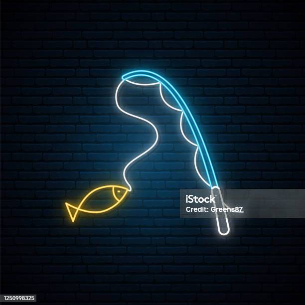 Neon Fishing Sign Glowing Fishing Rod And Fish Icon Isolated On