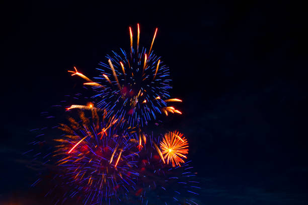 istock 4th July fireworks. Fireworks display on dark sky background 1250998334