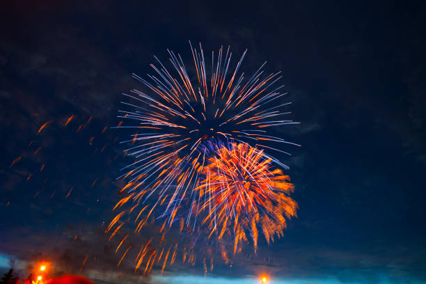 istock 4th July fireworks. Fireworks display on dark sky background 1250998394