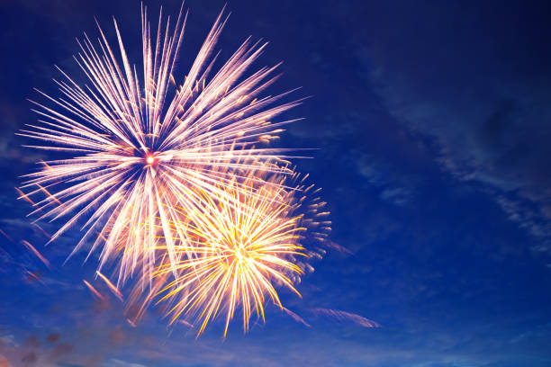 istock 4th July fireworks. Fireworks display on dark sky background 1250998419