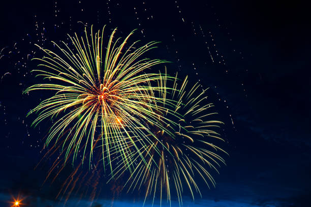 istock 4th July fireworks. Fireworks display on dark sky background 1250998429