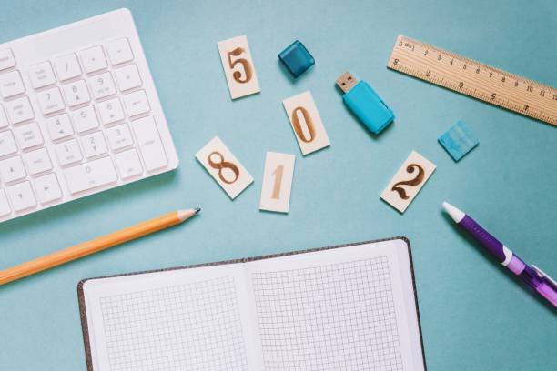 istock White computer keyboard, pen, pencil, wooden ruler and usb flash drive on a green table. Online education concept 1251000196