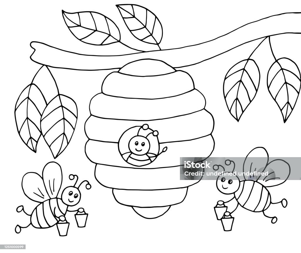 Hand-drawn cartoon bees with honey and a beehive on a tree, coloring page Hand-drawn cartoon bees with honey and a beehive on a tree, coloring page, vector illustration Bee stock vector