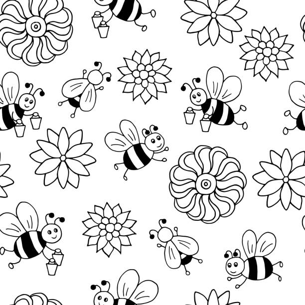 wektorowy bezszwowy wzór z ręcznie rysowanymi uroczymi pszczołami z kreskówek z miodem i kwiatami, kolorowanka - bee flower meadow flying stock illustrations