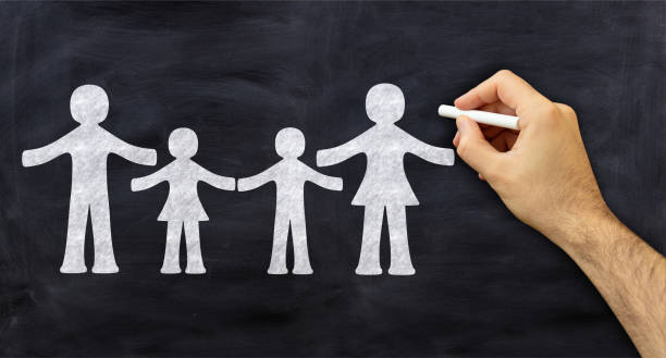 istock Drawing about social issues concept. Hand with chalk, sketches a family on blackboard background. 1251001926