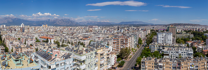 Aerial panoramic photo of Athens Historical Center - Acropolis of Athens, Monastiraki, Thisio, Ancient Agora, pedestrian streets, parks, lycabetus hill and the hill of Filopappou - Greece