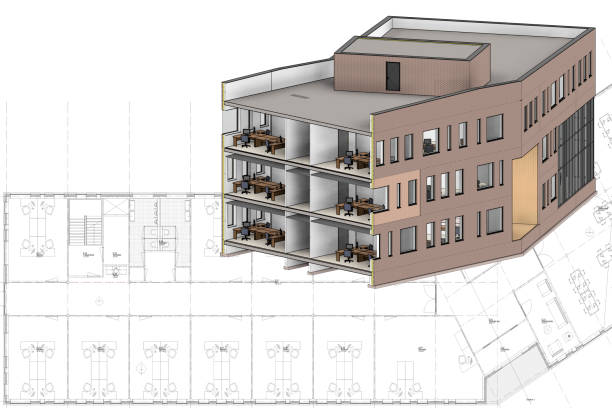 Building on a construction drawing A building in 3D on a construction drawing. In the top left corner is an empty space for your logo, text or something else. building information modeling photos stock pictures, royalty-free photos & images