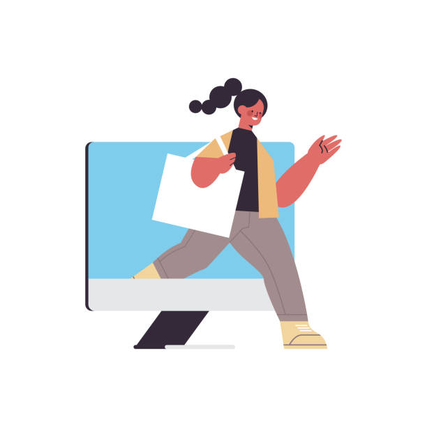 woman coming out of monitor screen digital detox concept girl spending time without gadgets woman coming out of monitor screen digital detox concept girl spending time without gadgets abandoning internet and social networks full length vector illustration coming out of computer screen stock illustrations