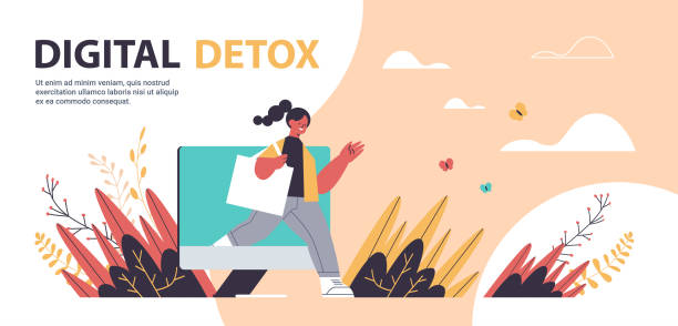 woman coming out of monitor screen digital detox concept girl spending time without gadgets woman coming out of monitor screen digital detox concept girl spending time without gadgets abandoning internet and social networks full length horizontal copy space vector illustration coming out of computer screen stock illustrations