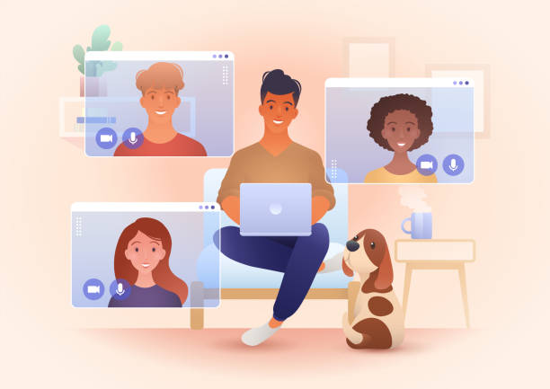 ilustrações de stock, clip art, desenhos animados e ícones de a group for young smile people video call in their own living rooms. online friends meeting, work from home, remote work, teleconference, new normal. conceptual vector illustration. - work from home