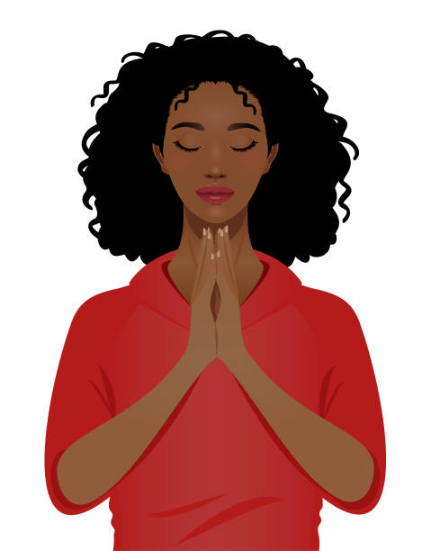 ilustrações de stock, clip art, desenhos animados e ícones de young black woman praying - white background clip art american culture black