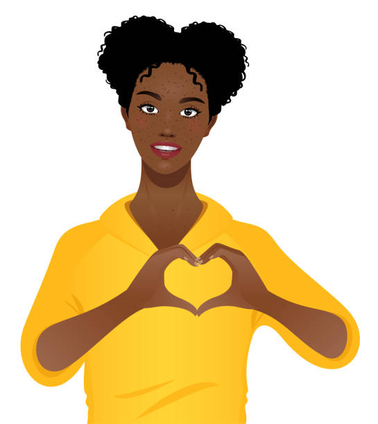 ilustrações de stock, clip art, desenhos animados e ícones de young black woman making a heart shape with hands - sign language american sign language text human hand