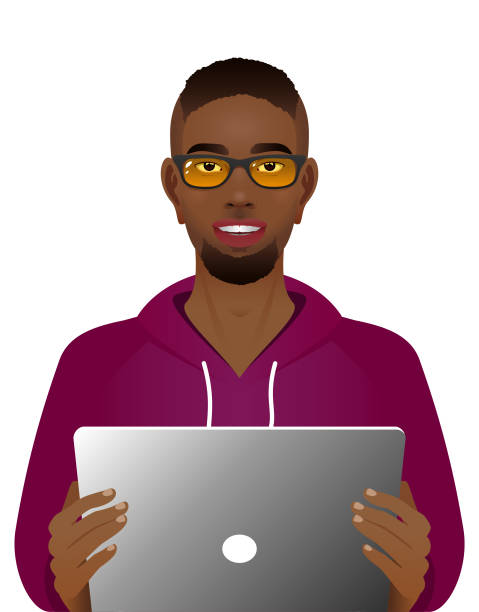 junger schwarzer mann in brille - looking at camera smiling african ethnicity white background stock-grafiken, -clipart, -cartoons und -symbole