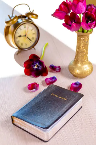 Holy Bible and old gold alarm clock with flowers on wooden table background. Time for studying, reading and spirituality concept.