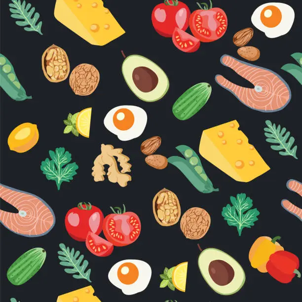 Vector illustration of Vector hand drawn seamless pattern with organic vegetables set of Food theme design Fresh Healthy food for Diet. Farmer market, Healthy food, organic background.