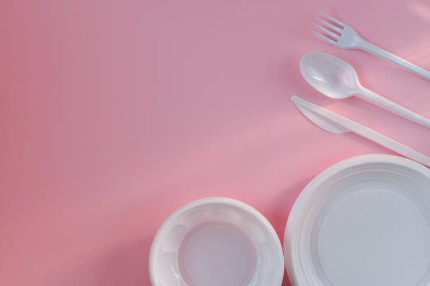 istock Plastic white dishes on a pink background on the right and bottom 1251007757