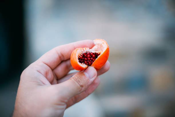 frau hält passionsfrucht - passion women human hand macro stock-fotos und bilder