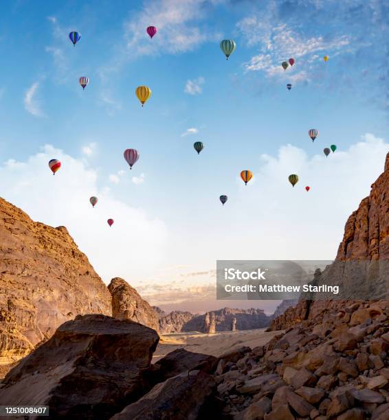 Outcrops At Madain Saleh Archaeological Site During The Tantora Balloon Festival Al Ula Saudi Arabia Stock Photo - Download Image Now