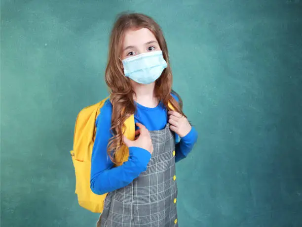 Caucasian school child in protective mask portrait.Pupil with backpack on schoolboard background.Schoolchild education coronavirus protection.Epidemic concept.