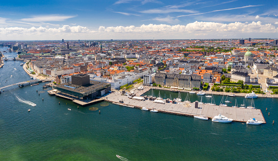 Aerial panorama of the Royal Danish Playhouse and the famous colorful houses at the tourist attraction Nyhavn in Copenhagen, Denmark. Nikon D850. Converted from RAW.