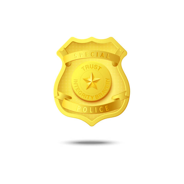 istock Gold metal police badge, realistic mockup isolated on white background 1251012504