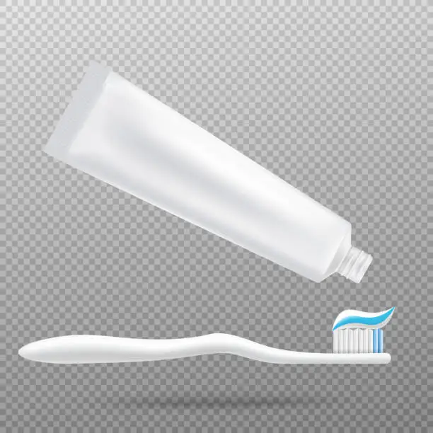 Vector illustration of Toothpaste tube with paste on toothbrush realistic vector illustration isolated.