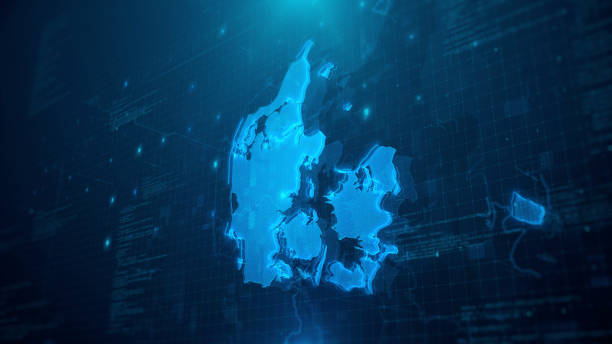 istock Map of Denmark with regions on blue digital background 1251015571