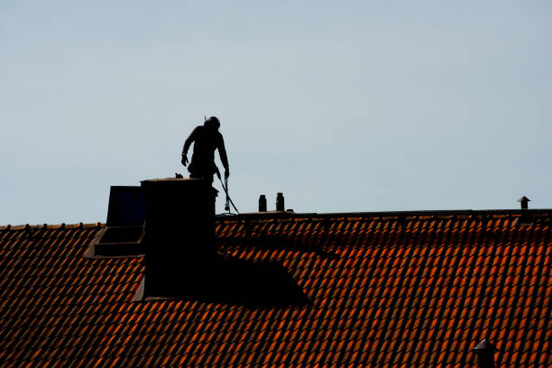 silueta de una barredora de chimeneas en la parte superior de un techo - chimney sweeping fotografías e imágenes de stock