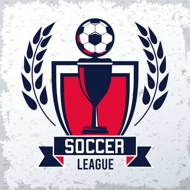 ilustraciones, imágenes clip art, dibujos animados e iconos de stock de cartel deportivo de la liga de fútbol con globo y copa de trofeos - crear escudos de futbol