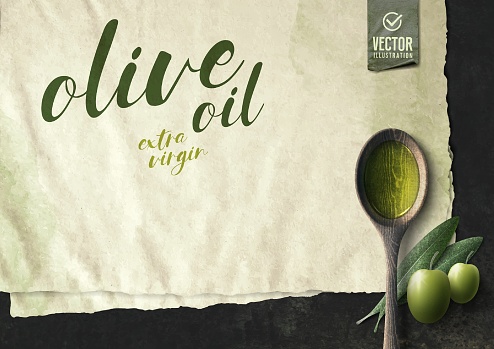 Vector realistic olive illustration, wooden spoon, paper and oil on black stone background