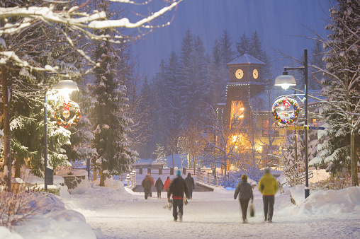 Festive evening in Whistler village. Whistler at Christmas. Top ski resorts in the world. Best travel destinations in Canada.