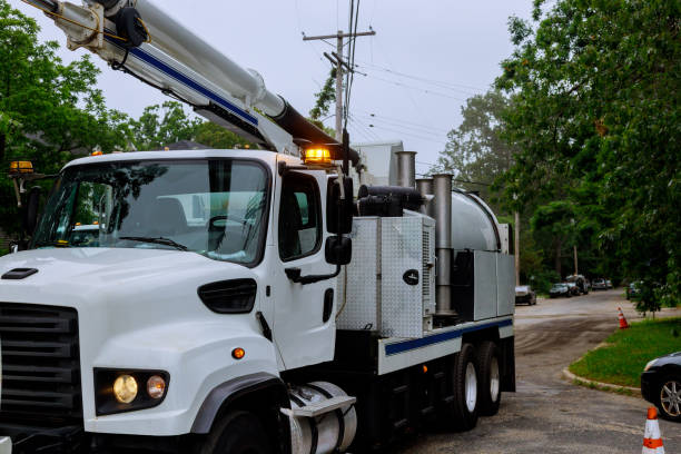 caminhão de limpeza industrial de esgoto limpa bloqueio em uma linha de esgoto. - sewage truck - fotografias e filmes do acervo