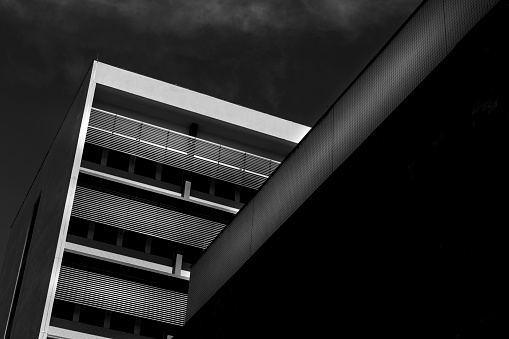 Urban architecture in black and white with dramatic lighting for decorative paintings