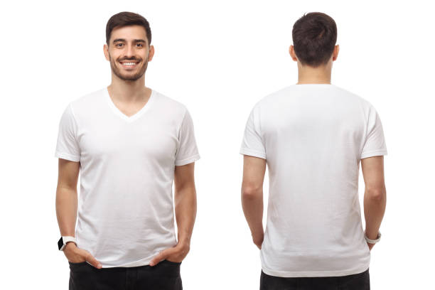 istock Front and back view of young man standing with hands in pockets, wearing blank tshirt with copy space, isolated on white background 1251024405