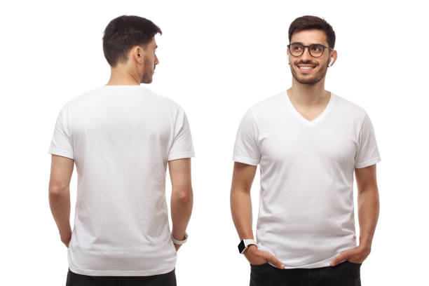 istock Front and back mock up of young man standing with hands in pockets, wearing blank tshirt with copy space and glasses, isolated on white background 1251024407