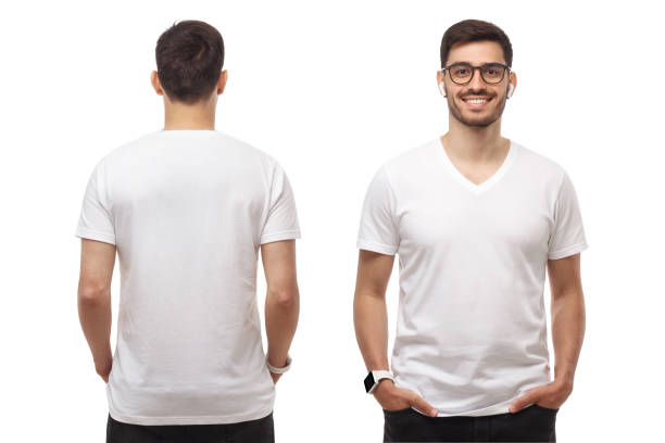 istock Front and back view of young man standing with hands in pockets, wearing blank tshirt with copy space and glasses, isolated on white background 1251024410